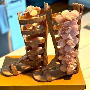 JoyFolie Gladiator sandals. Rose Gold with light pink rose petals.
